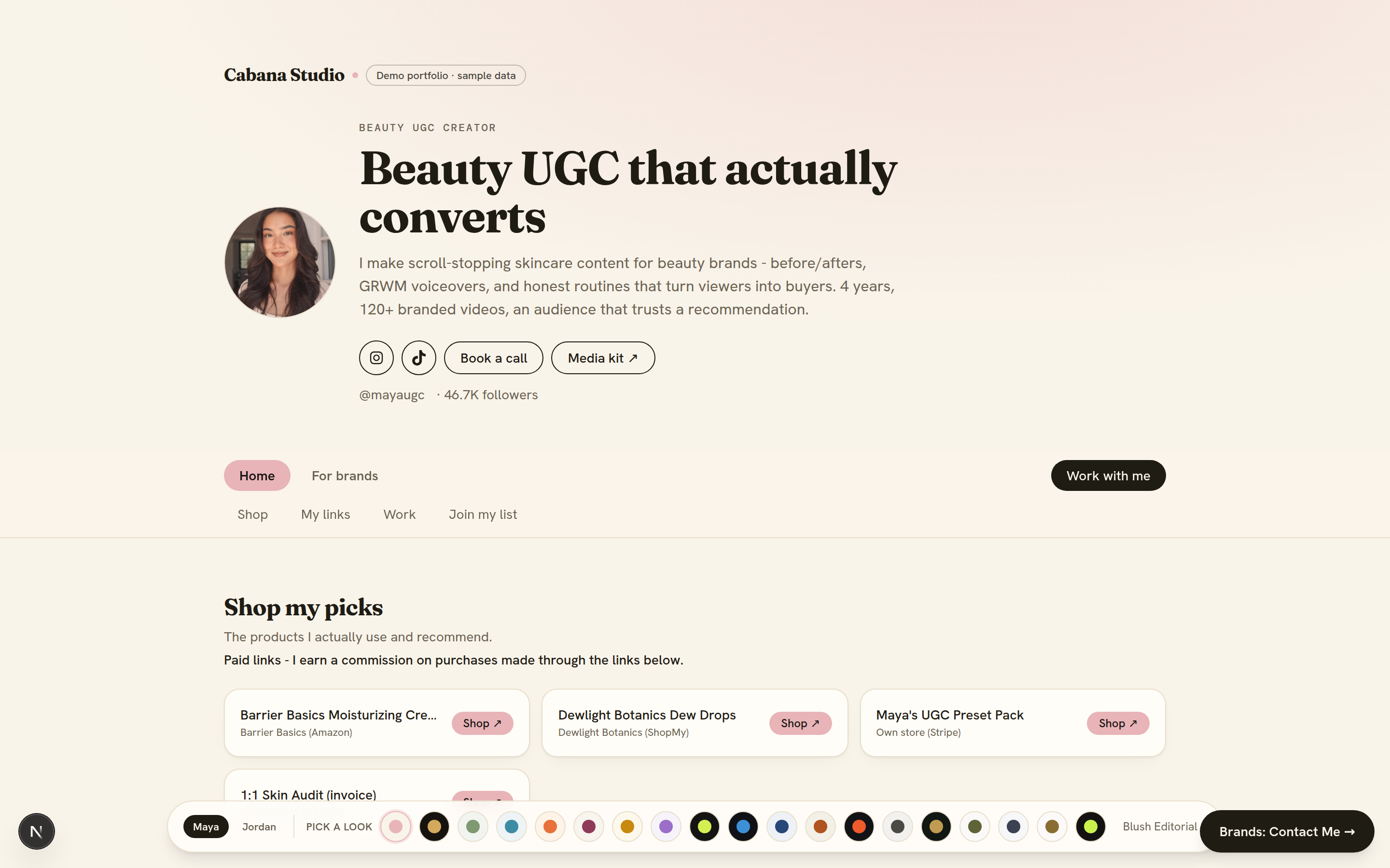 A creator's live portfolio site - hero, shop-my-picks affiliate links, and a Work with me button for brands